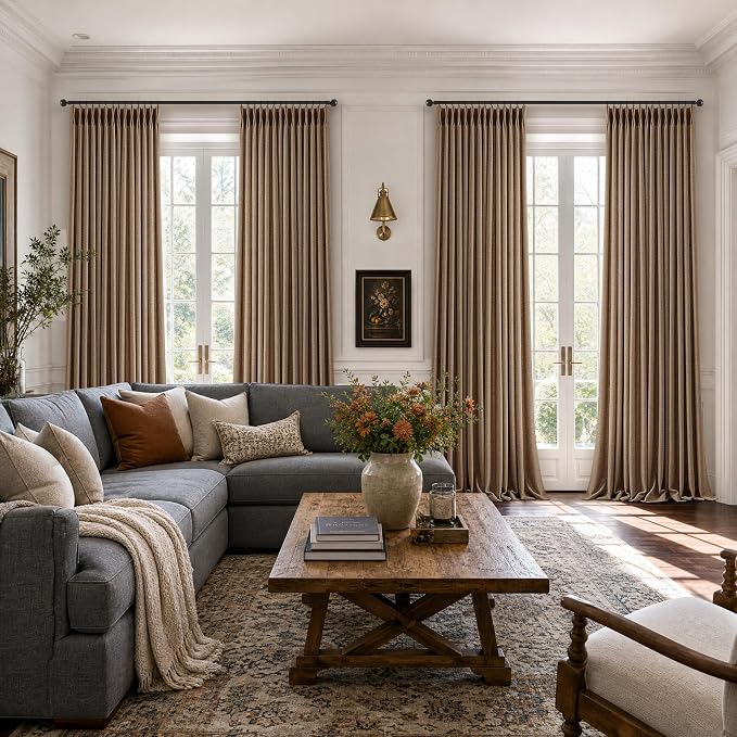 Pinch Pleated Rust Brown Curtains 102 Inch 2 Panels Set Light Filtering Privacy Pinch Pleat Thick Linen Drapes with Back Tab Hooks Rings 102 Inches Memory Shaped Vintage Country Floor Length Curtains
