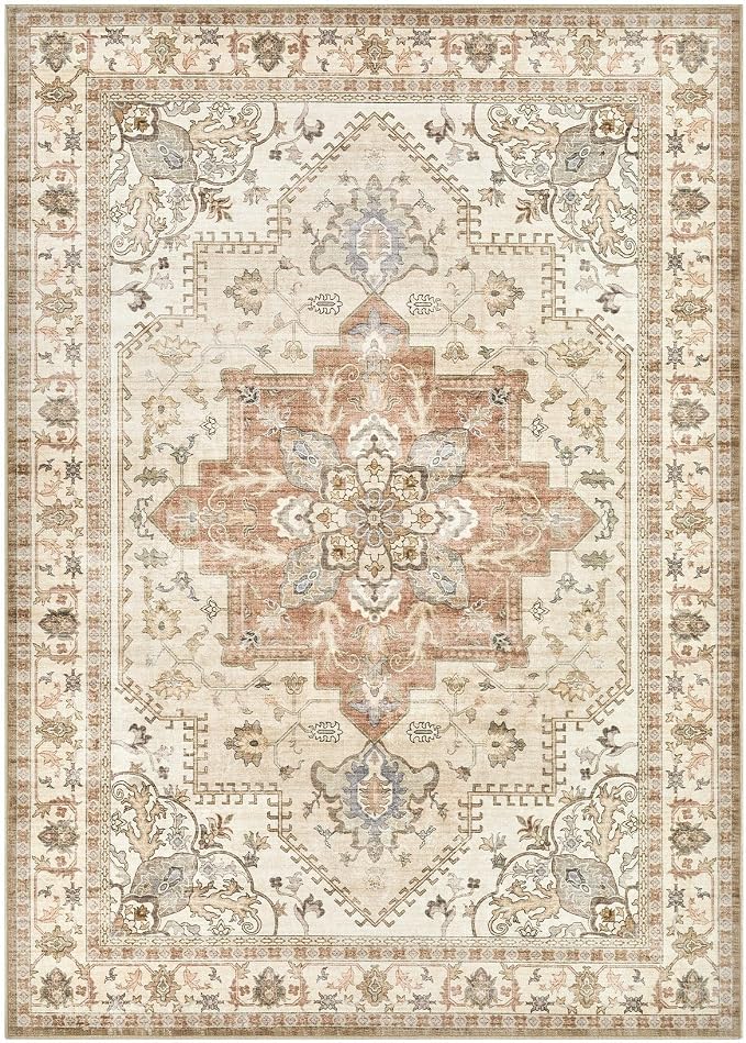 Tortania Area Rug Living Room Rugs - 6x9 Washable Boho Rug Vintage Oriental Distressed Farmhouse Large Thin Indoor Carpet for Living Room Bedroom Under Dining Table Home Office - Rust/Cream