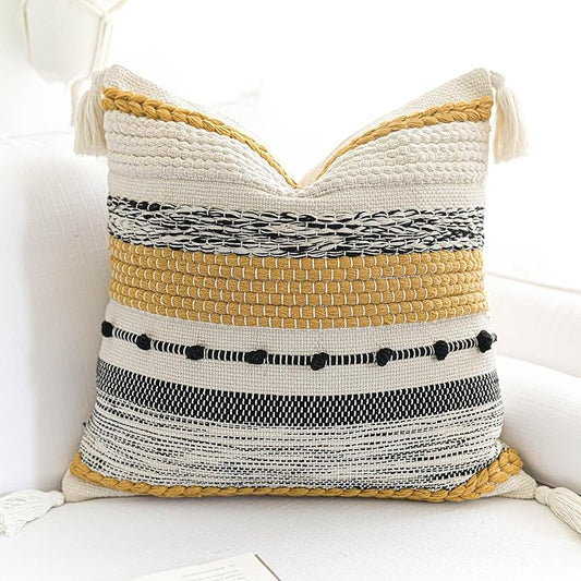 BlissBlush Yellow Mustard Decorative Throw Pillow Cover 18x18 Square Boho Accent Pillowcase Tassels Farmhouse Cushion for Couch Sofa Bedroom Living Room Home Décor Cover ONLY