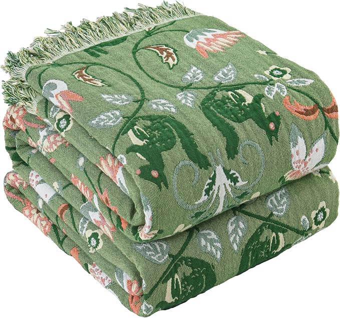 Boho Throw Blanket 80"x90", 100% Cotton Ultra Soft Luxury Throw for Couch and Sofa Blankets Home Decor, All Season Florals and Animals Throw Reversible Breathable Cozy Blankets