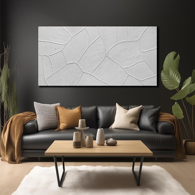 DNIEOTU Abstract Textured Canvas Wall Art for Living Room, White Wall-Decor for Bedroom, Modern Minimalist Geometric Paintings for Hallway Office, Size 59 x 29 Inches Hand Painted