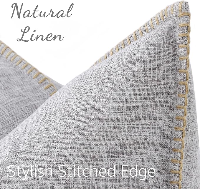 decorUhome Summer Decorative Throw Pillow Covers 26x26 Set of 2 Square Faux Linen Outdoor Neutral Farmhouse Euro Sham Pillow Covers with Stitched Edge for Couch Sofa Living Room, Light Grey