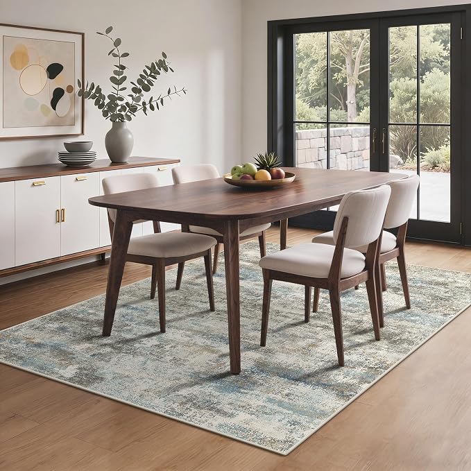 BEIMO Area Rugs 6x9 for Living Room Bedroom, Modern Abstract Machine Washable Rug, Large Soft Low Pile Floor Carpet with Non Slip Backing for Dining Room, Blue/Taupe