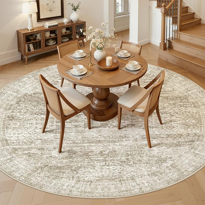 Soalmost 8ft Round Rug Brown/Ivory, Living Room Circle Rug Vintage Round Area Rug Non Slip Indoor Carpet for Apartment