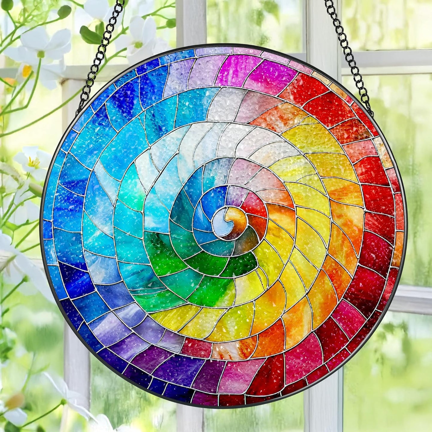 Stained Glass Window Hanging, 8 Inch Rainbow Spiral Stained Glass Suncatcher, Spiral Window Hanging Decor, Geometric Spiral Suncatcher Wall Decor, Gift for Women Men Wife Lovers and Mom