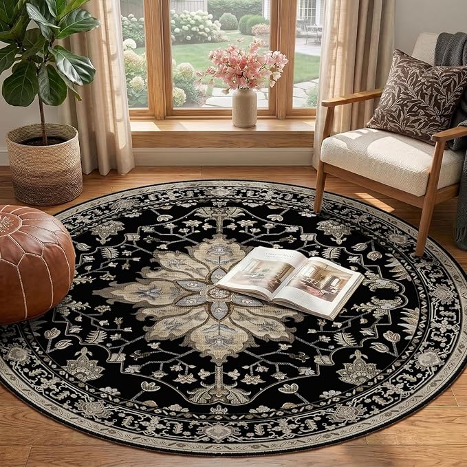 RELEANY Area Rugs 4ft Washable Non-Slip, Floral Vintage Distress Print Pattern Medallion Carpet for Living Room Bedroom Dining Room, Black Brown Neutral Dark Tan