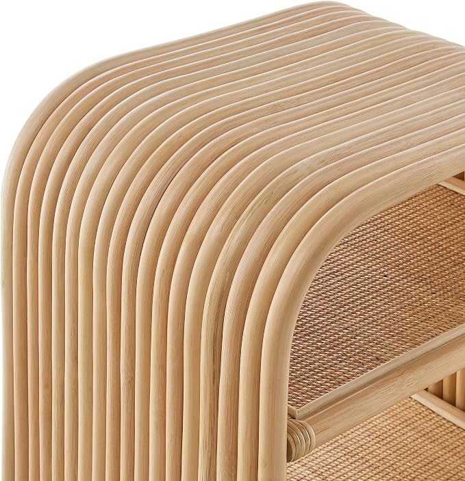 Modway Eve Curved Natural Rattan Side Table in Natural – Round Accent End Table for Living Rooms, Bedrooms, or Covered Patios