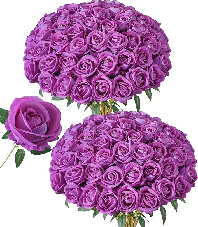 50 PCS Roses Artificial Flowers, Fake Roses with Stem Realistic Fuchsia Silk Roses for DIY Wedding Bouquets Table Centerpieces Arrangements Baby Shower Birthday Home Decor Valentine's Day Gift for Her