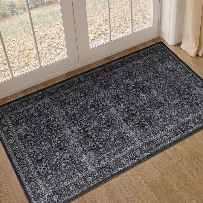 Dark 2x4 Entryway Rug, Vintage Door Mat Indoor Entrance Entry Way, Washable Non Slip Low Pile Thin Small Runner Rug for Kitchen Floor Sink Area Bathroom Bedside, Earth Tone Muted Midnight