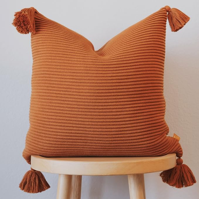 Soft Cotton Throw Pillow Cover with Ribbed Knit Texture and Tassel Corners Decorative Accent for Couch or Bed (18x18, Burnt Orange)