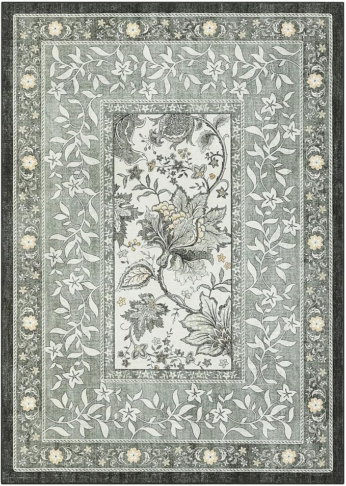 GarveeHome Provence 5x7 Area Rugs, Botanical Grove Soft Cottagecore Non-Slip Washable Rug for Bedroom Living Room Nursery Kitchen Low-Pile Retro Carpet Gray Fog Green