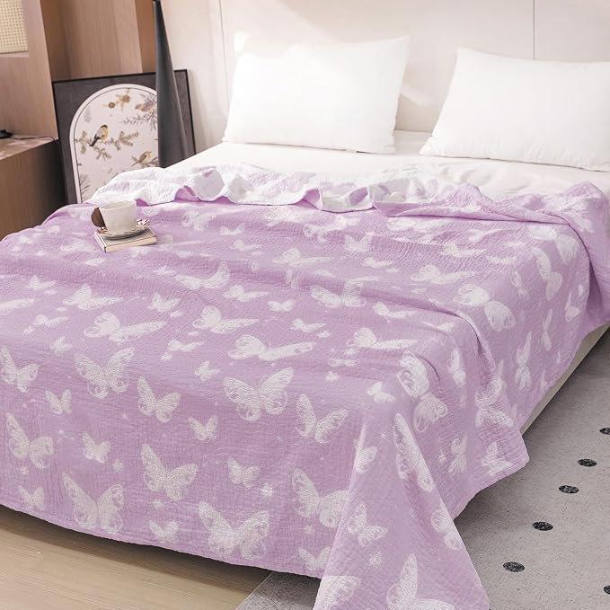 MEJU Dream Butterfly Violet Gentle Girls Muslin All Season Blanket for Bed Sofa Couch, 100% Combed Cotton 3 Layer Cozy Throw Blanket Bed Cover Quilt Purple Butterfly Full Queen 80 in x 90 in