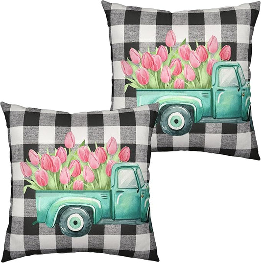2 Pack Blue Truck with Pink Tulip Floral Pillow Covers 22x22 Spring Summer Decorations Pillow Case Black White Buffalo Plaid Cushion Case for Farmhouse Sofa Couch