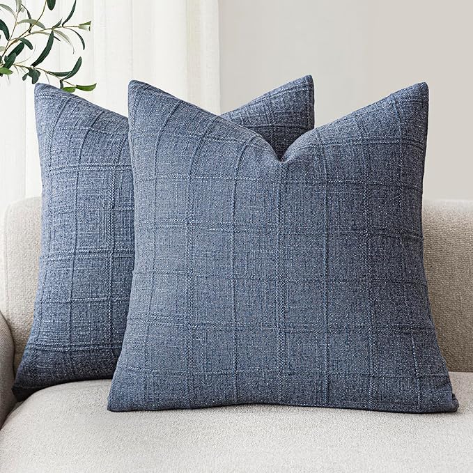 Foindtower Set of 2 Decorative Linen Check Throw Pillow Covers Neutral Farmhouse Vintage Cushion Covers Modern Coastal Boho Home Decor for Sofa Chair Couch Bedroom Living Room,16×16 Inch,Blue