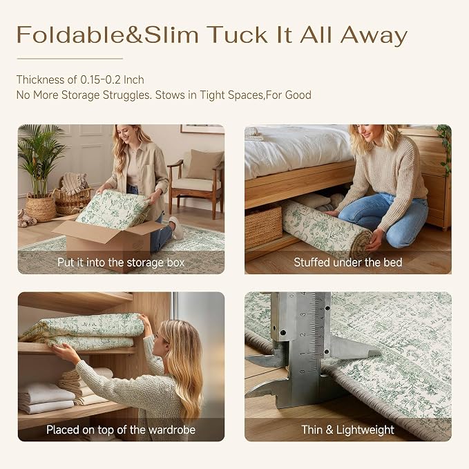 PureCozy Sage Green Area Rug 5x7 Living Room Washable Carpet Vintage Distressed Non Slip Kitchen Carpet Neutral Low Pile Retro Floral Farmhouse Throw Rug for Home Office Bedroom Laundry Dining Room