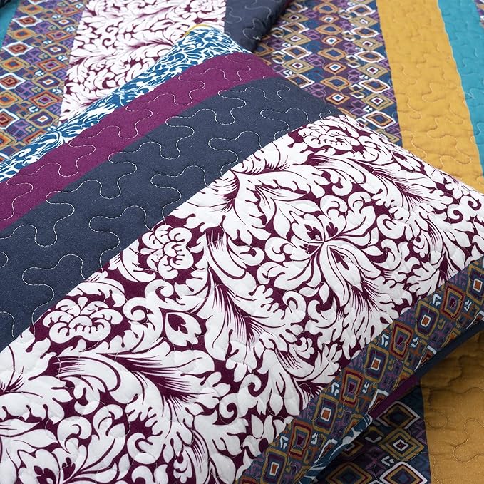 Lush Decor Boho Stripe Reversible Cotton Quilt 3-Piece Set, King, Plum & Yellow - Bold Colorful Bohemian Bedding Set