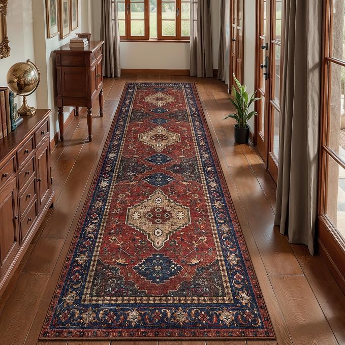 Tangsoo Red 2.6X10 Washable Hallway Runner Rug, Non Slip Vintage 10ft Runner Rugs for Hallways, Soft Low Pile Long Rug Runner, Print Carpet Runners for Kitchen Bedroom Entryway Living Room Red Beige