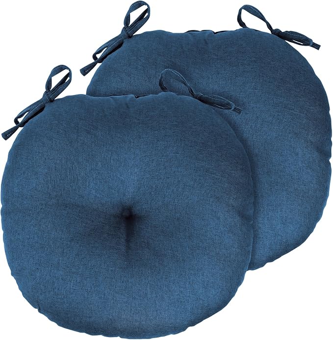 Navy Blue Bistro Chair Cushions Set of 2, Round Seat Chair Pads with Ties for Dining Room Patio