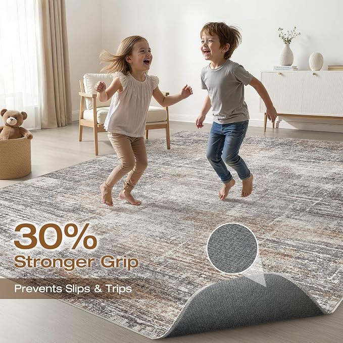 7x10 Area Rug Living Room: Washable Large Neutral Rug Abstract Soft Modern Stain Resistant Indoor Floor Non-Slip Carpet for Bedroom Nursery Kids Office Playroom Dining Room Under Table- Gray Rust