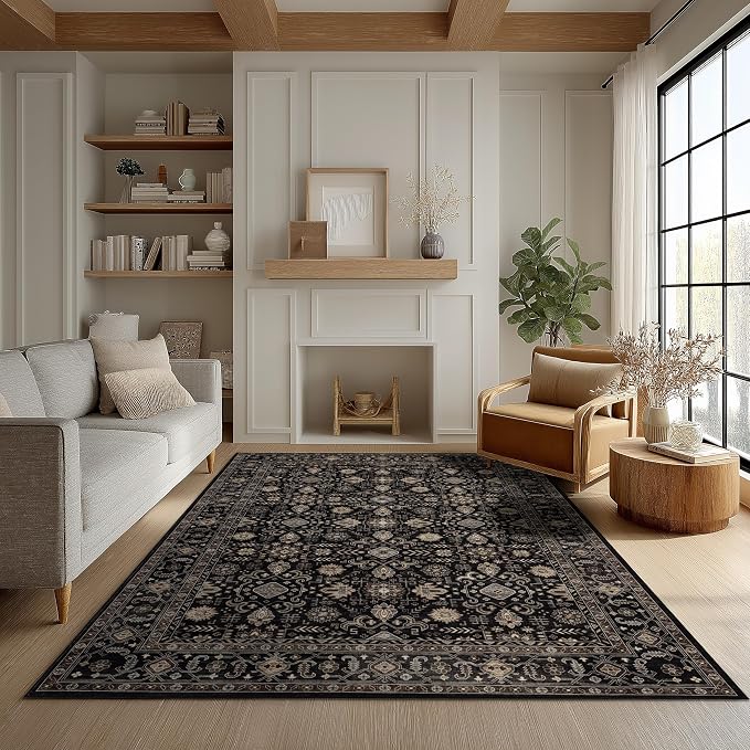Ruaruarug Washable Area Rug 6x9 for Living Room, Bedroom, Ultra Soft Non Slip Stain & Fade Resistant, Pet & Kids Friendly, Suitable for High Traffic Areas Easy to Clean for Office Kitchen, Black Gold
