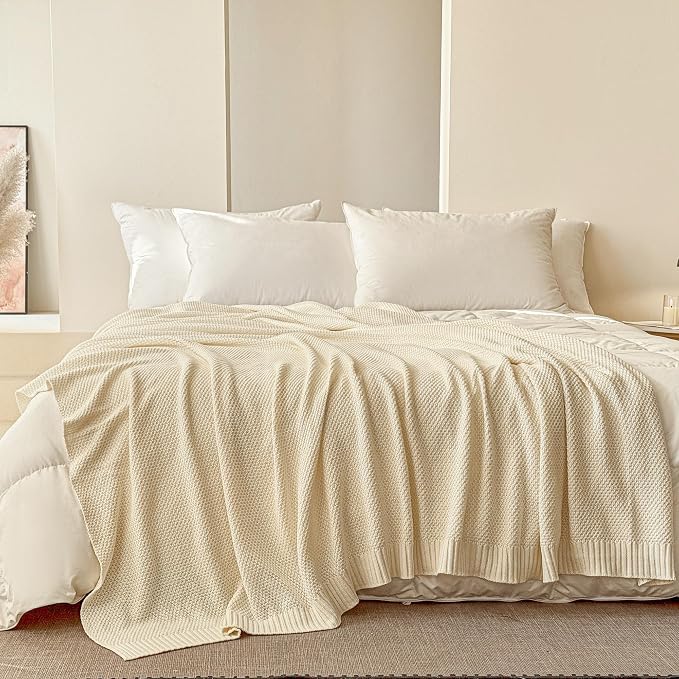 Simple&Opulence 100% Cotton Throw Blanket, Solid Color Cable Knitted Blanket Super Soft Comfortable Breathable Decorative Farmhouse for Couch Sofa Bed, All Season Use(White,50x60)