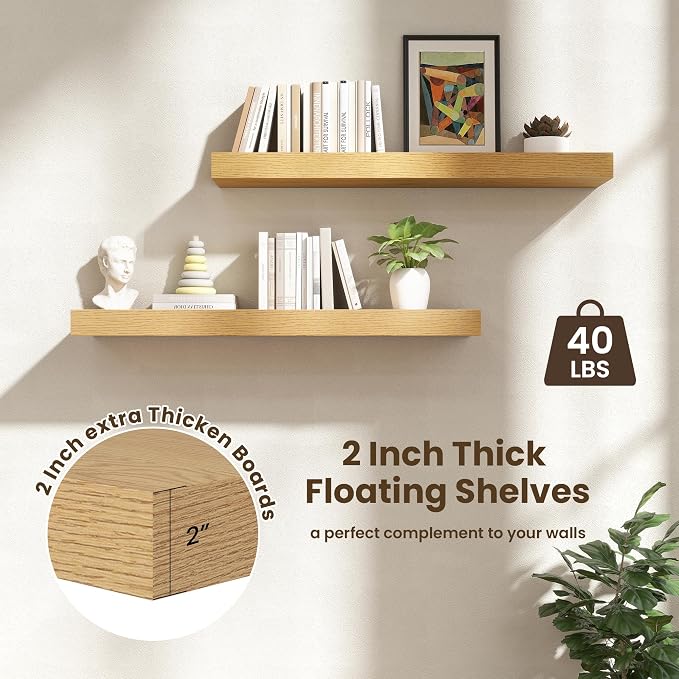FLYJOE Deep Floating Shelves | 40 Inch Oak Floating Shelves Set of 2 | 12 Inch Deep Wood Wall Shelves | 40" W x 12" D Oak Shelves for Bathroom Living Room Kitchen Laundry Room
