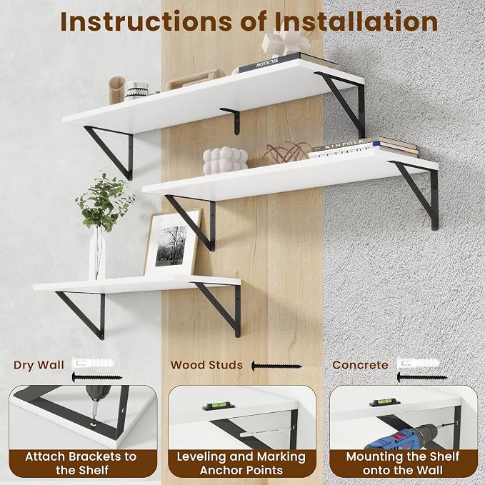 Acovy 55" Long Wall Mounted Floating Shelves,8 inch Deep Floating Shelf with Metal Brackets Set of 2,Easy-to-Install Wall Decor Storage Ledges for Living Room,Bathroom,Bedroom,Kitchen,Office,White