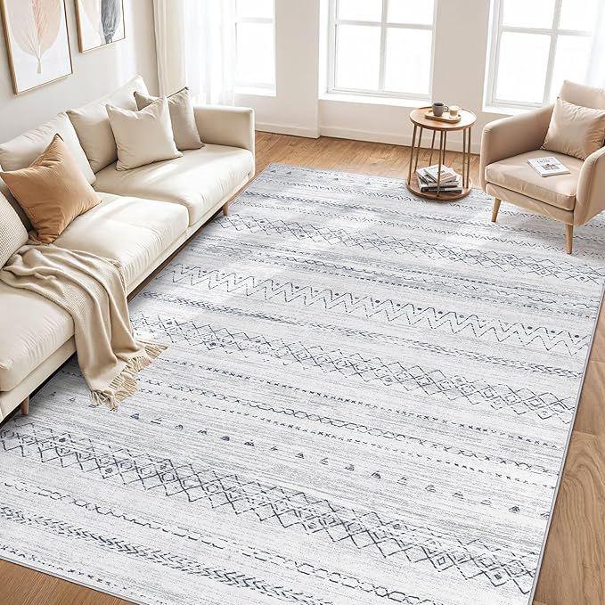 cotiled 10x14 Area Rug Living Room: Washable Boho Rugs with Non Slip Backing Large Soft Indoor Stain Resistant Carpet for Bedroom Farmhouse Dining Room Lightweight Home Decor Grey