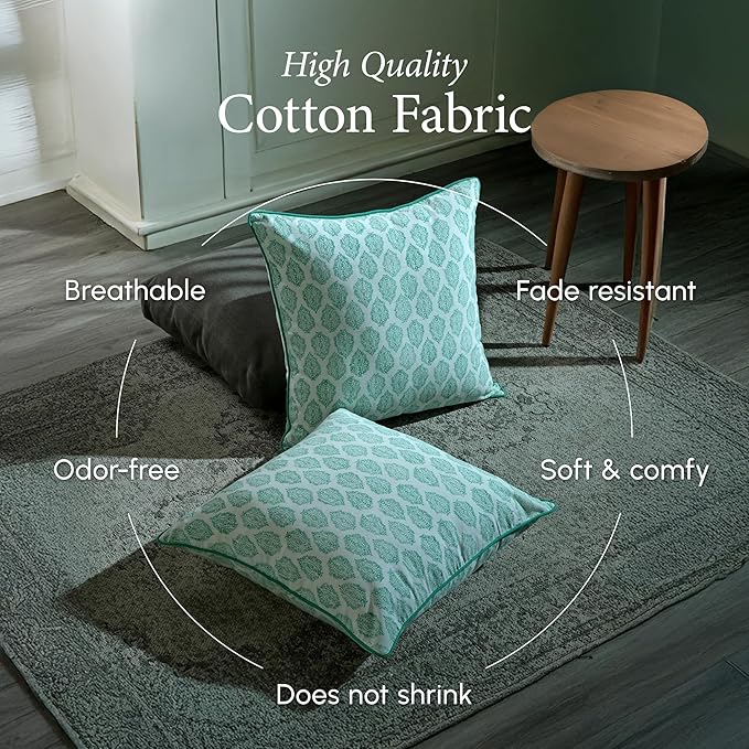 CPC 100% Cotton Throw Pillow Covers 20x20 Inch, Set of 2 Green Block Print Pattern Couch Pillow, Cute Boho Decorative Pillows for Living Room, Bedroom with Hidden Zipper- Sea Green