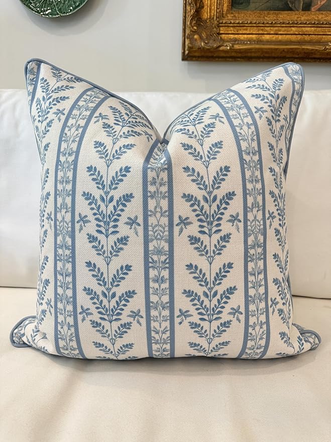Jillien Harbor “The Louis” Blue Floral Block Print Pillow Cover – Decorative Throw Pillow Cover with Off-White Background – Grandmillennial Home Decor, 20" x 20"