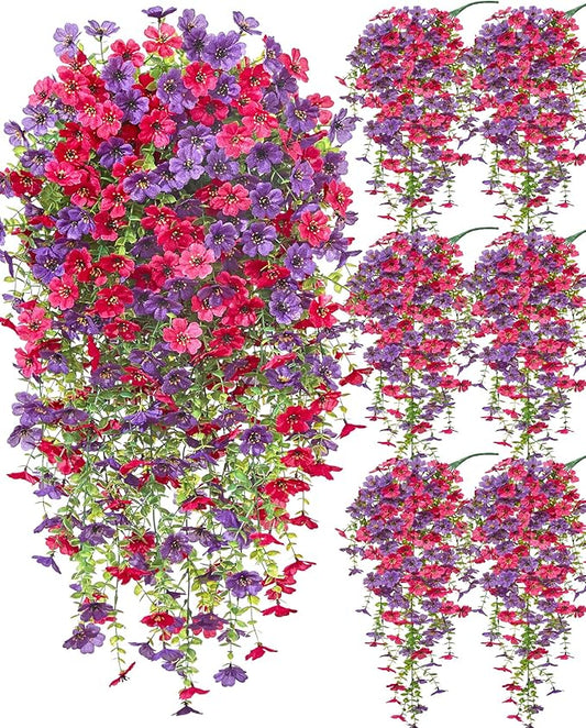 Serwalin 6PCS Artificial Hanging Flowers for Outdoors, UV Resistant Fake Hanging Plants, Realistic Weatherproof Outdoor Decor for Patio, Porch, Garden & Window (Purple& Hot Pink,6PCS)