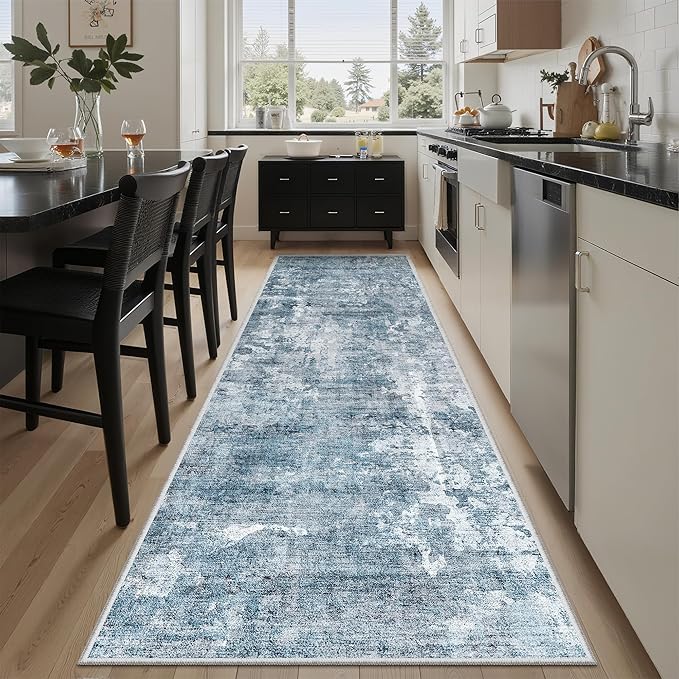 Soalmost Washable Runner Rug, 2'6" x 8' Non-Slip Kitchen Vintage Foldable Hallway Runners for Entryway, Laundry, Bedroom, Blue