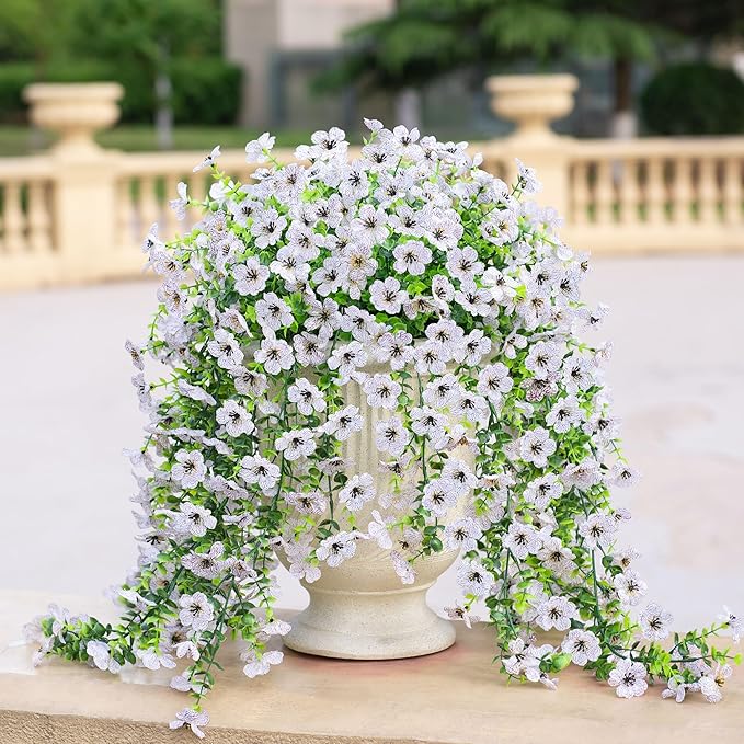 Ammyoo Artificial Hanging Flowers for Outdoors Faux Plants Decoration, 2 Packs Fake Silk Daisy Flower Realistic Outdoor Flowers UV Resistant Porch Patio Window Yard Outside Decor(White)