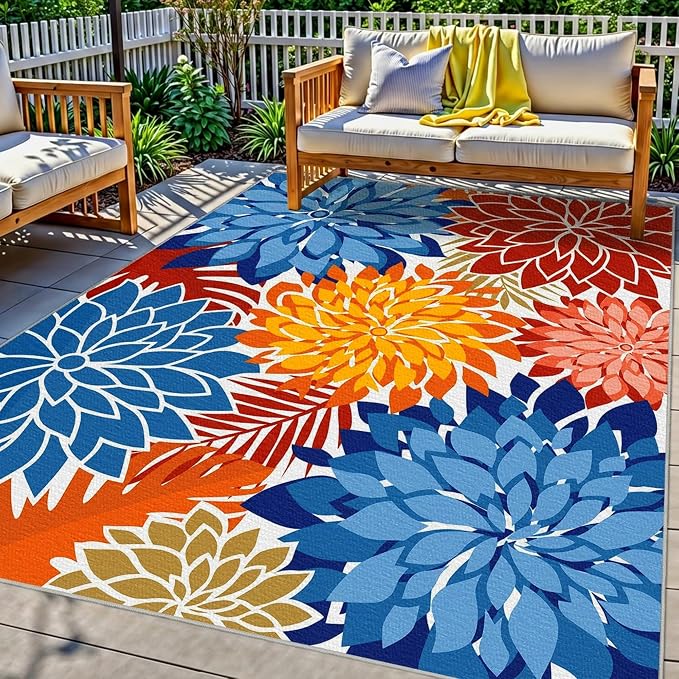Colorful 6x9 Outdoor Area Rug Washable Multicolored Patio Rug Tropical Botanical Floral Chenille Waterproof Outdoor Carpet Non-Slip for Patio, Deck, Backyard, Porch, Vivid Dahlia