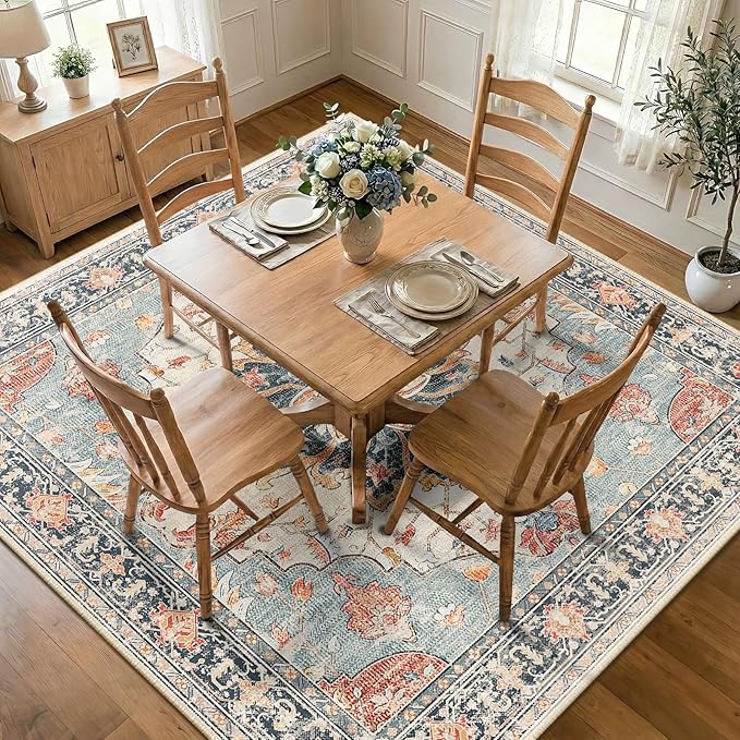 RELEANY Area Rugs Square 7ft Washable Non-Slip, Floral Vintage Distress Print Pattern Medallion Carpet for Living Room Bedroom Dining Room, Beige Navy Blue Orange Colorful