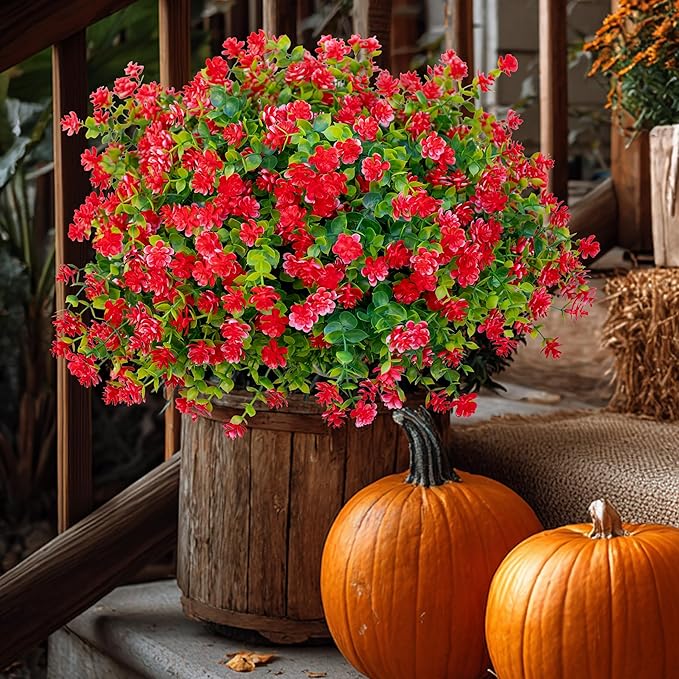 AXYLEX Artificial Flowers for Outdoors Fake Plants - 12 Bundles Faux UV Resistant No Fade Plastic Greenery Home Garden Porch Patio Decoration Boxwood Shrubs (Red)