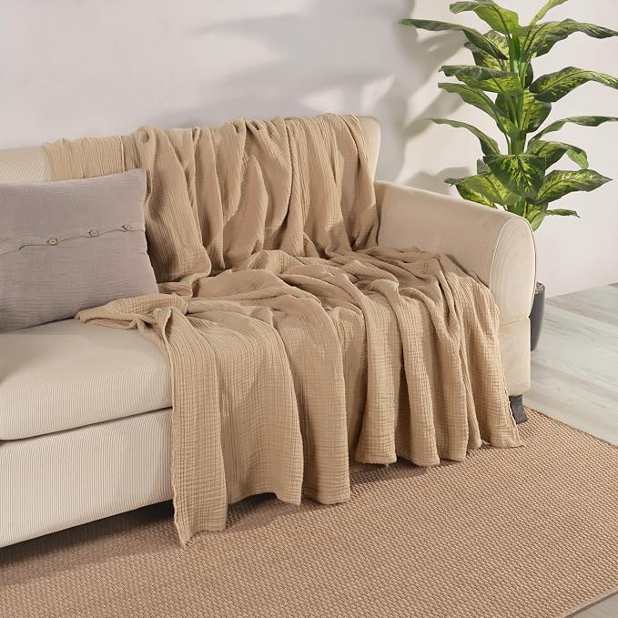 Muslin Blanket - Pure 100% Turkish Cotton Airy Soft Light Versatile Gauze Throw Blanket for Bed, Couch, Sofa (Beige, Throw Size (50" x 66" inch))