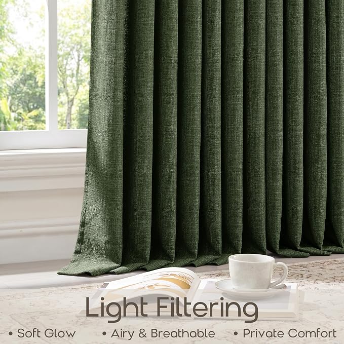 Pinch Pleated Linen Loden Curtains 86 Inches Length Memory Shaped Trained Semi Sheer Vintage Olive Green Window Drapes 86 Inch Long Back Tab Rings Pleat Curtains for Living Dining Room 2 Panels