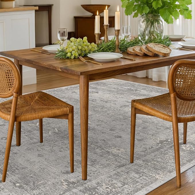 6x9 Washable Area Rug for Living Room - Gray Abstract Modern Rug, Non-Slip Low Pile Grey Vintage Distressed Carpet for Home Office, Bedroom & Dining Room