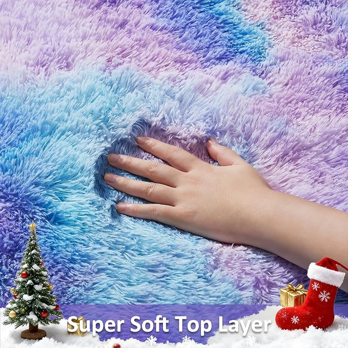 Ophanie Rainbow Purple Mermaid Rugs for Living Room 6x9,Kids Fluffy Shag Fuzzy Plush Soft Carpets,Floor Shaggy Area Rugs for Bedroom,Carpet for Kids Girls Dorm Decor with Over 99 pcs Pile fibers