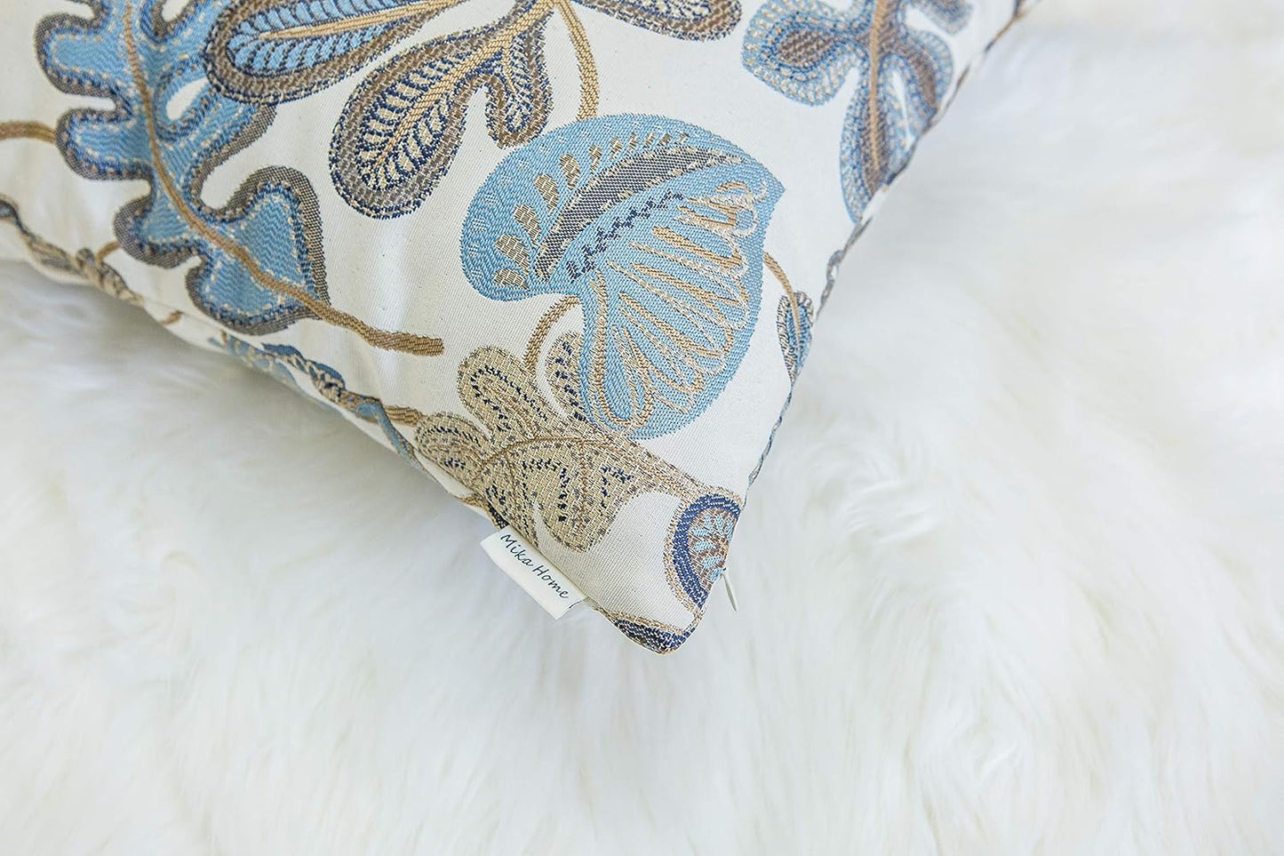 Set of 2 Jacquard Tropical Leaf Pattern Throw Pillow Covers Decorative Pillowcase 22X22 Inches,Blue Cream