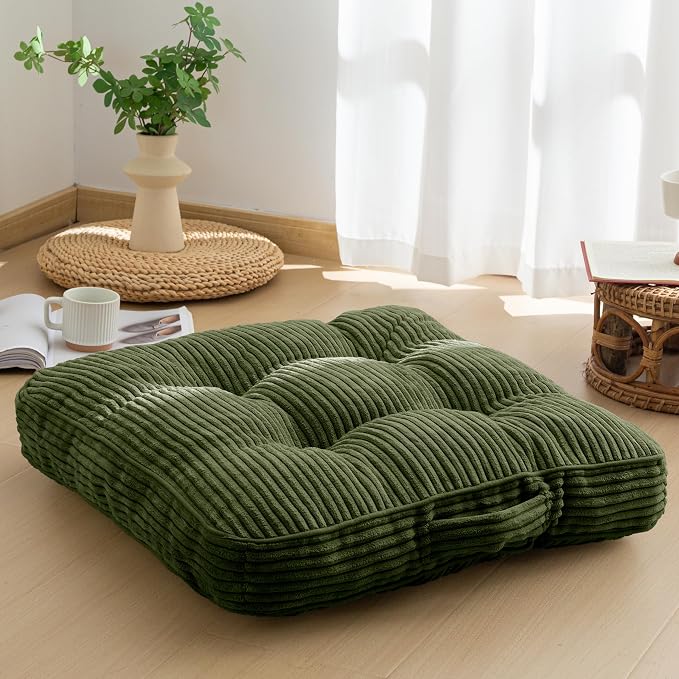 HIGOGOGO Floor Pillow Cushion for Adults, Meditation Cushion Pillow, Large Square Floor Sitting, Tufted Corduroy Cover, for Tatami Living Room or Yoga, Dark Green