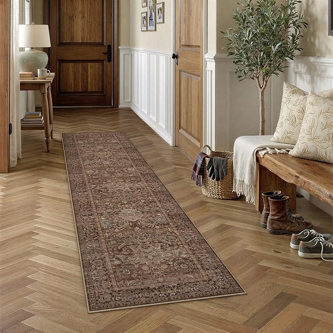 HUGEAR Hallway Runner Rugs 3x8 Rust Red Washable Rug Neutral Vintage Rug Carpet Distressed Soft Durable Non Slip No Shedding for Indoor Bedroom Kitchen Dining Nursery Laundry