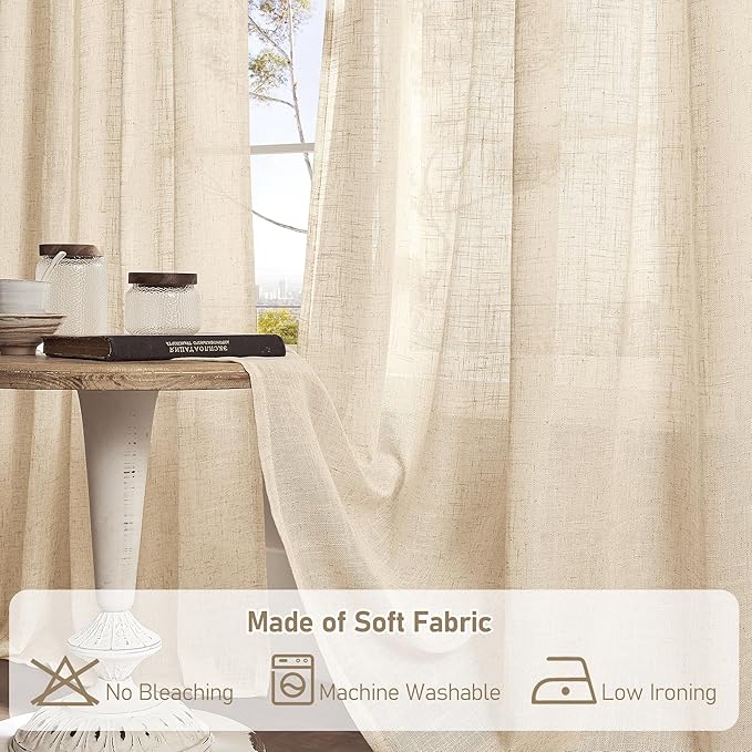 LAMIT Linen Kitchen Curtains 30 Inch Length, Semi Sheer Light Filtering Window Panels Back Tab and Rod Pocket Drapes for Cafe/Small Windows, Linen, 25 x 30 Inch, 2 Panels