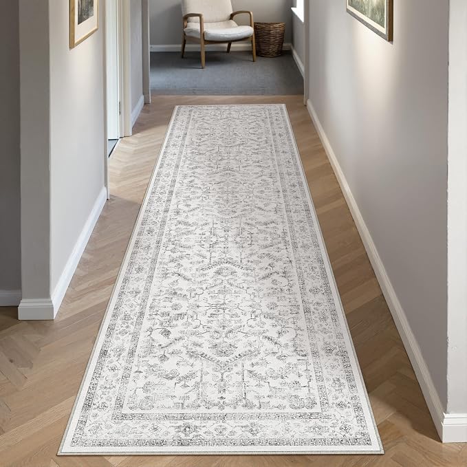 PureCozy Grey 2x7 Runner Rug Vintage Area Carpet Hallway Indoor Kitchen Washable Neutral Low Pile Traditional Distressed Gray Retro Accent Throw Rug Non Slip for Laundry Bathroom Office