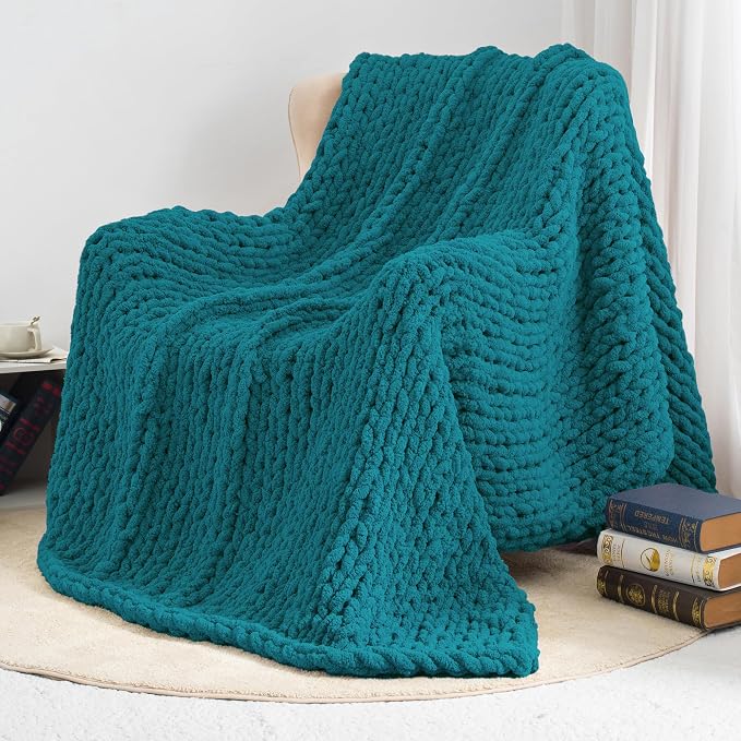Chunky Knit Throw Blanket 60x80, 100% Handmade Chenille Yarn | 6.7lbs Soft Thick Cable Knitted Blankets, Large Rope Knot Crochet Throws for Couch Sofa Bed Machine Washable, Teal