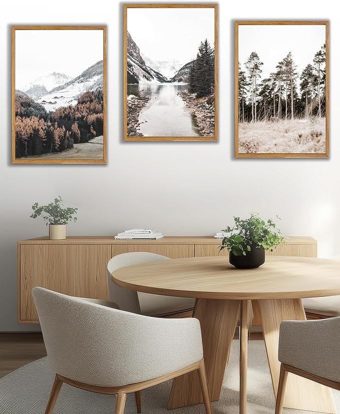 UPWOIGH Mountain Landscape Framed Wall Art, 16 x 24 Inch, Set of 3 | Mountain, Lake and Pine Tree Photography Prints, Soft Neutral Tones, Light Wood Frames for Bedroom, Office and Living Room