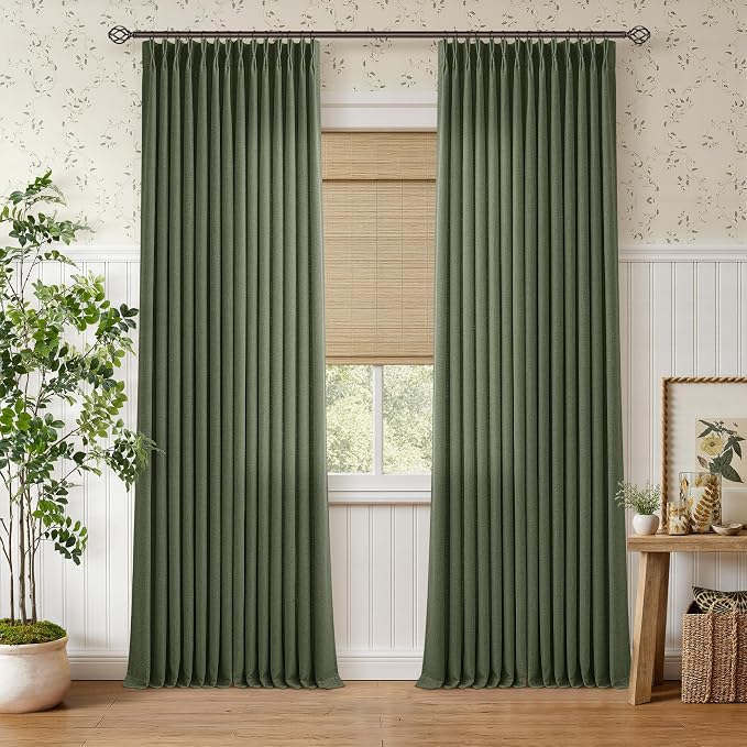 Olive Green Pinch Pleated Linen Curtains 84 Inch Length 2 Panels for Living Room Bedroom Aesthetic Pinch Pleat Back Tab Light Filtering Semi Sheer Loden Pleated Drapes Farmhouse Boho 40x84 Long