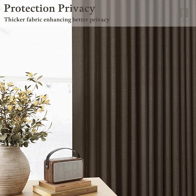 Dark Chocolate 96 Inch Pinch Pleated Linen Curtains 2 Panels Set for Living Room Bedroom Boho Farmhouse Light Filtering Semi Sheer Back Tab Pinch Pleat Hooks Rings Window Curtain 96 Inches Long