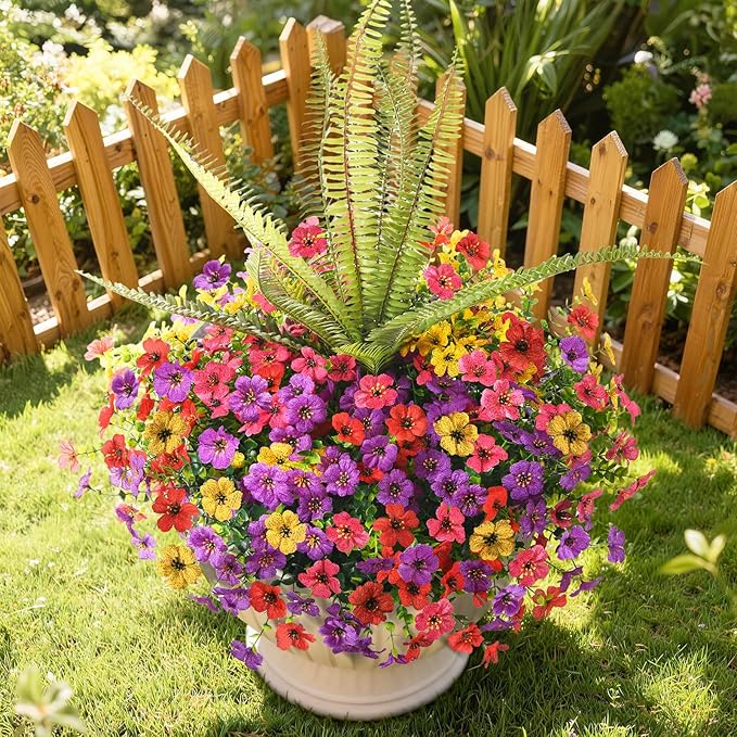 INQCMY Artificial Flowers for Outdoor 12 Pcs Faux Silk Daisy and 1 Pcs Fake Long Leaved Grass UV Resistant Tall Ferns for Home Doorway Courtyard Garden Backyard Decorative